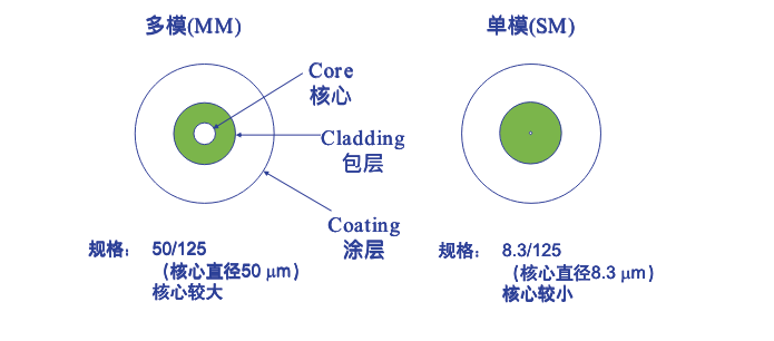 多模光纤和单模光纤的横截面